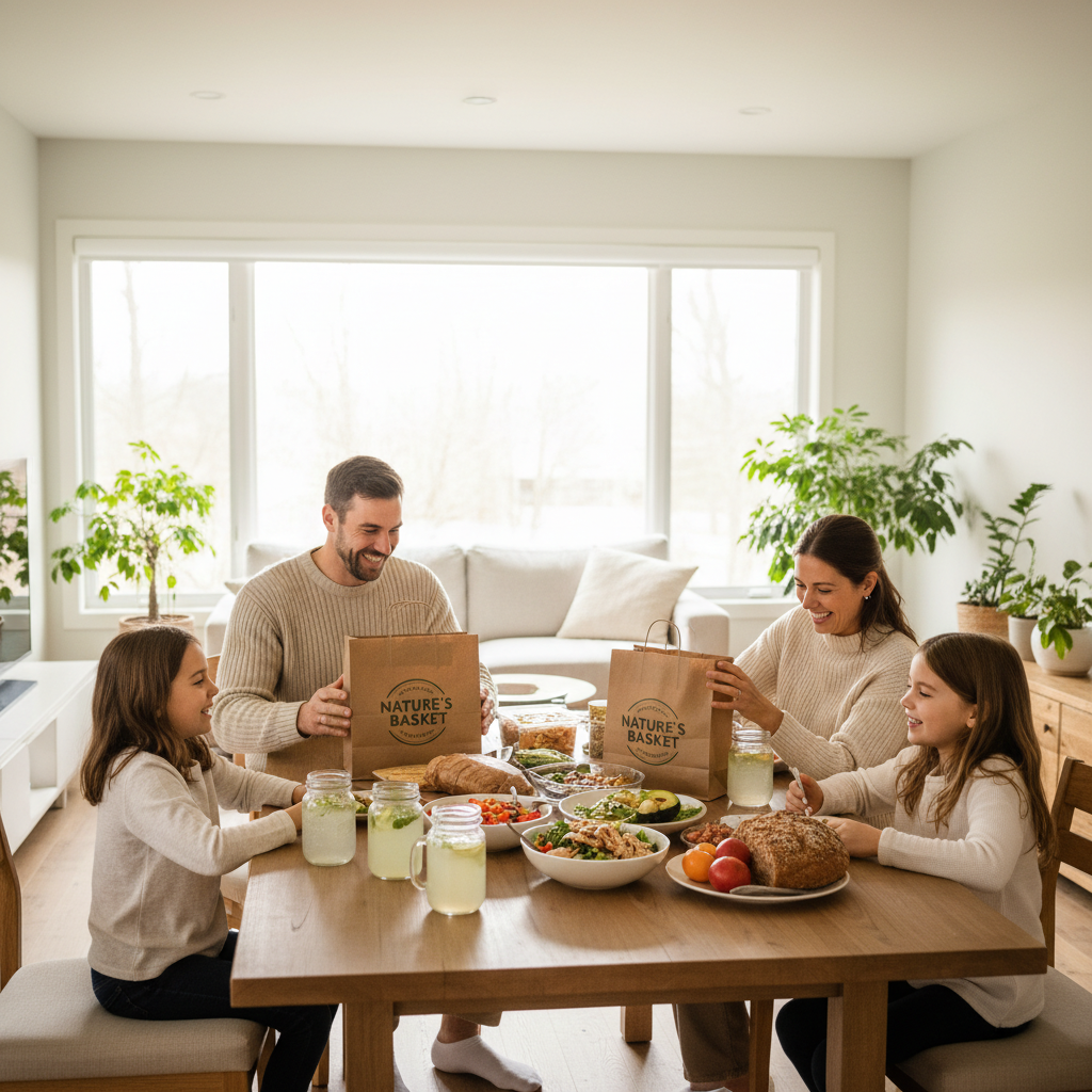 Šeima mėgaujasi natūralaus maisto pristatymu prie stalo namuose